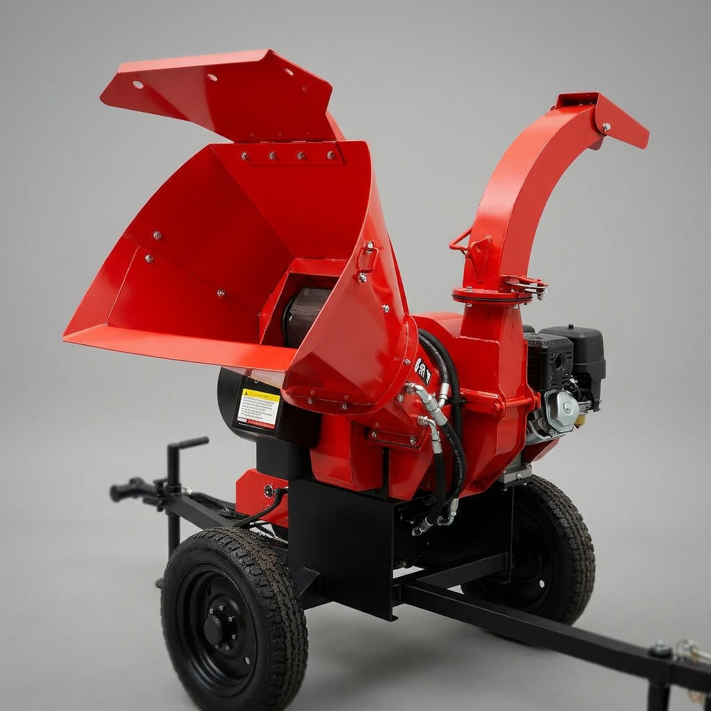 B200 Wood Chipper infeed hopper and discharge chute detail