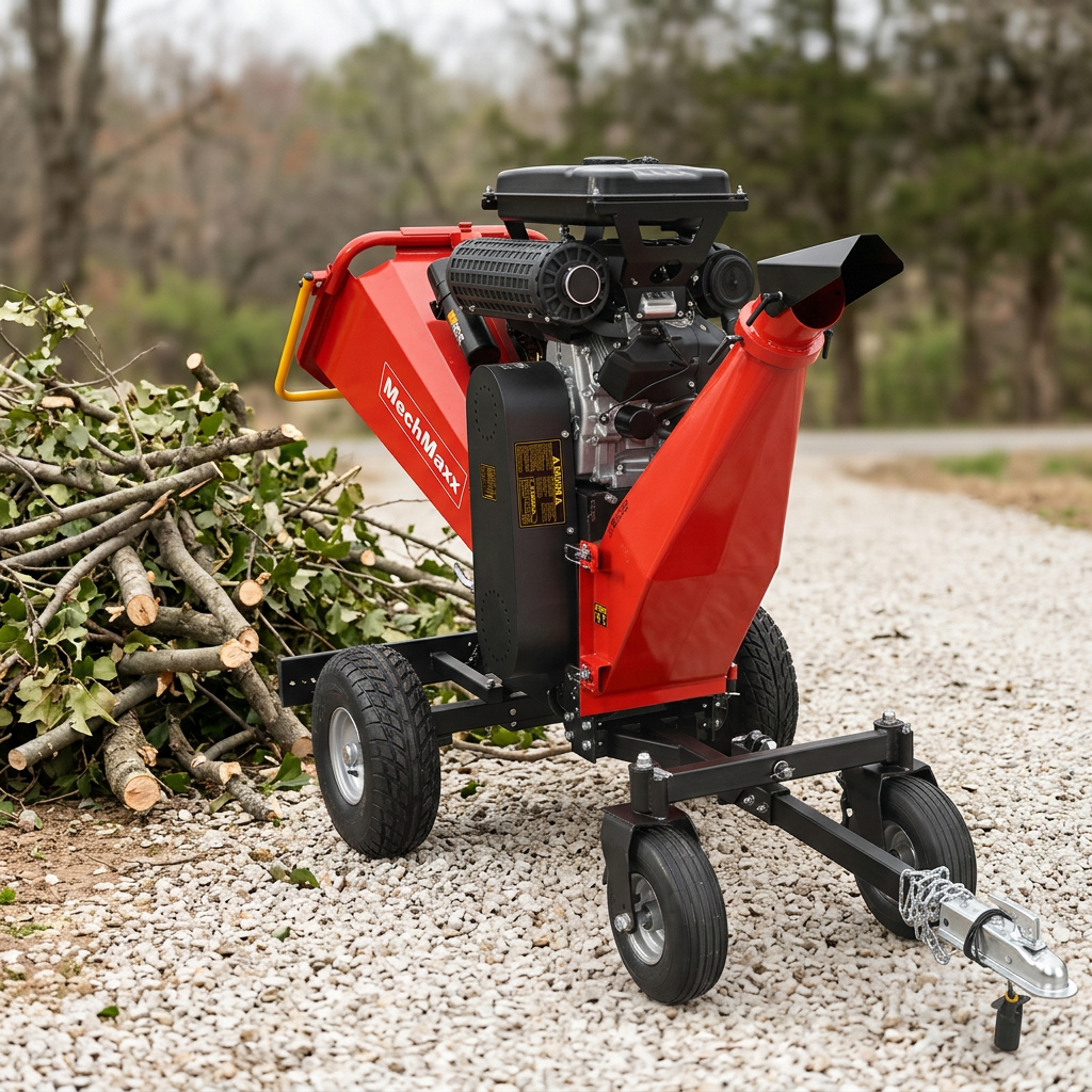 B200 Wood Chipper on a gravel driveway beside cut limbs